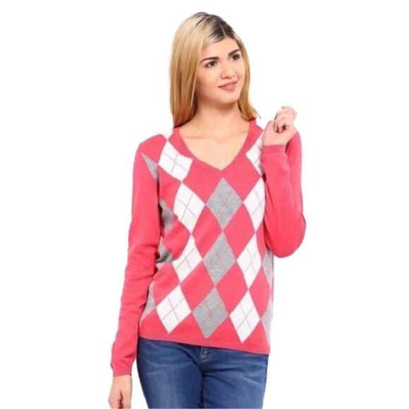 ❤️ TOMMY HILFIGER pink argyle tricolor Long Sleeve Top Size Small - Picture 1 of 5